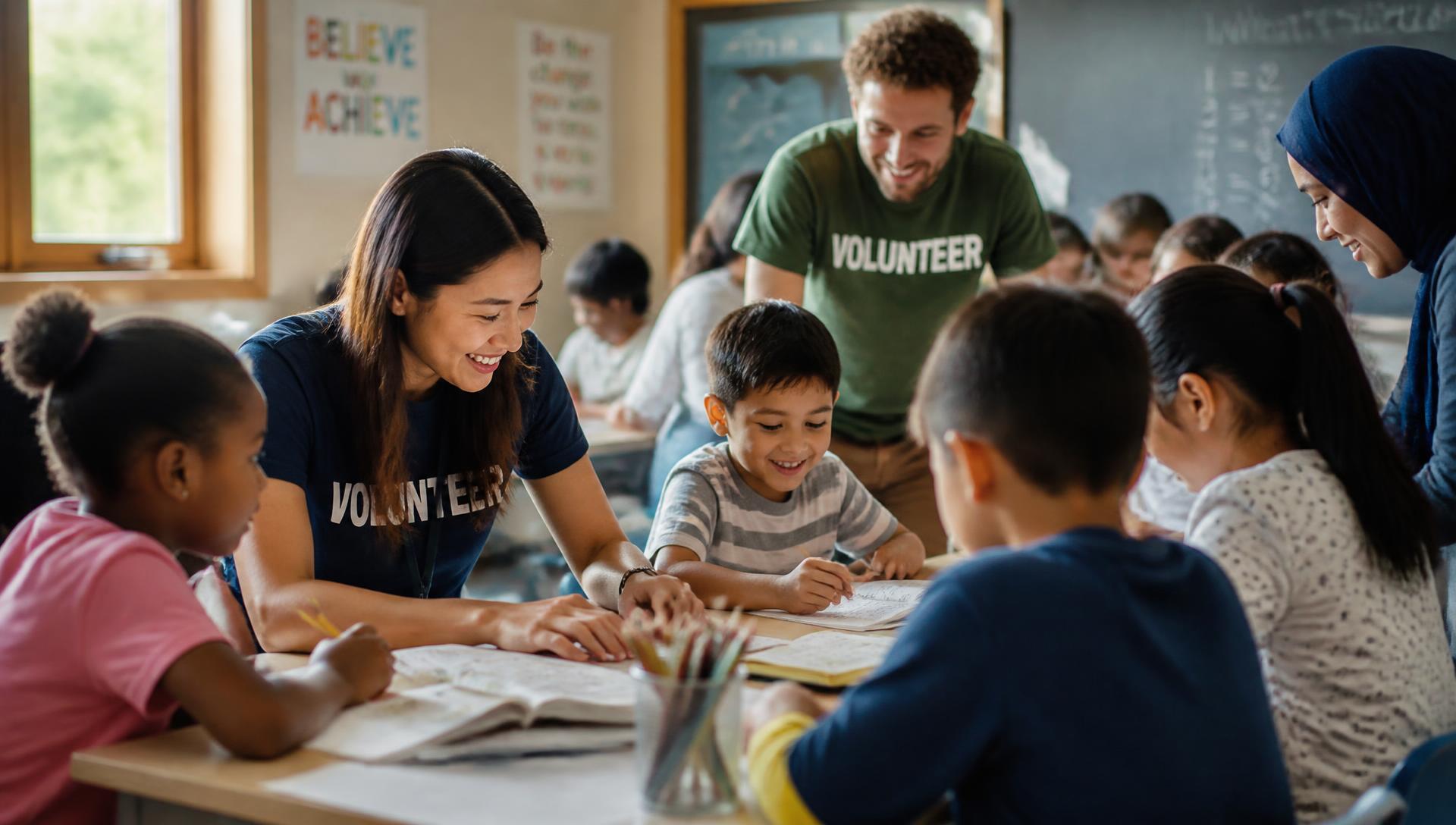 Volunteers teaching children from different cultures in a bright classroom
